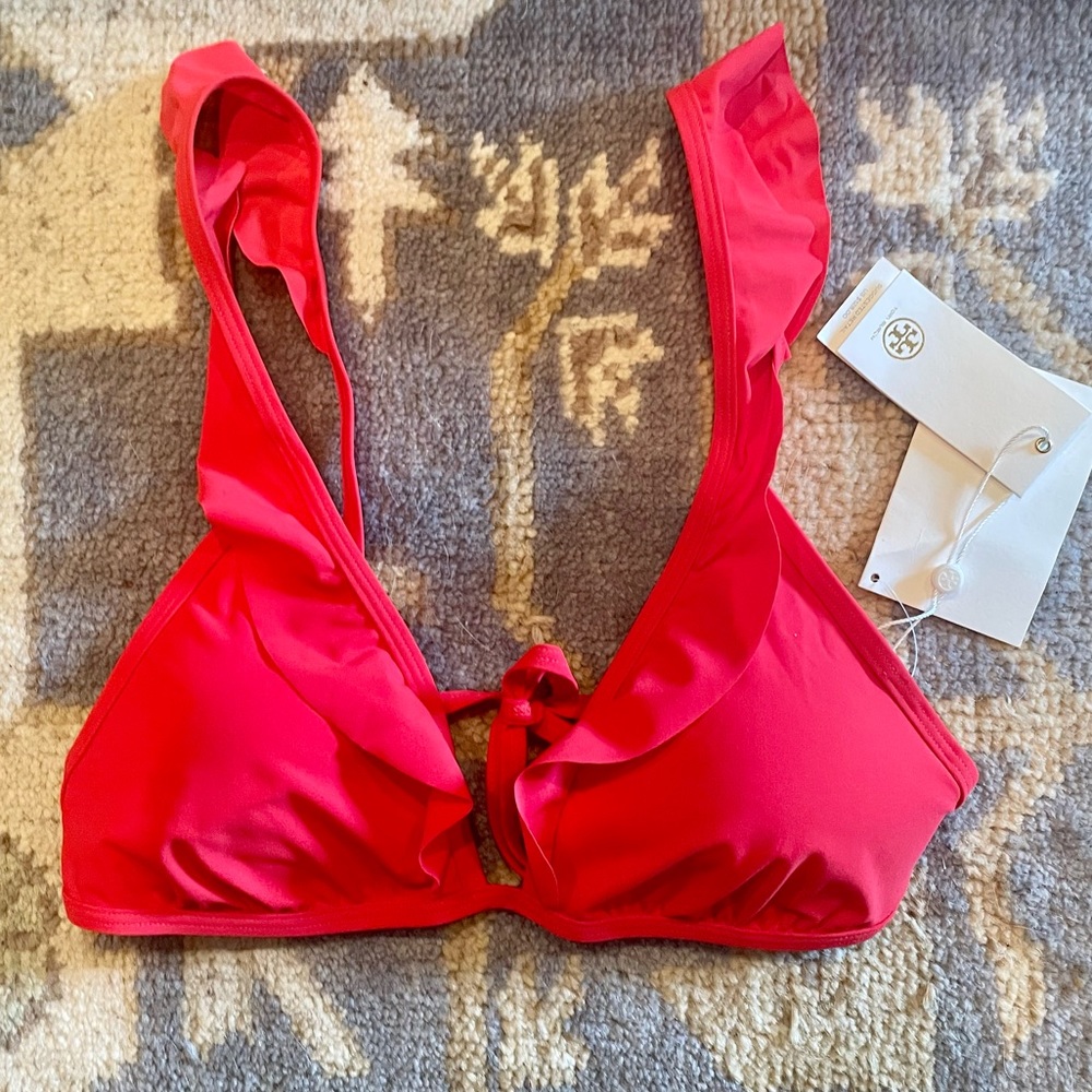 NWT Tory Burch Ruffe Bikini Top, Poppy, size M